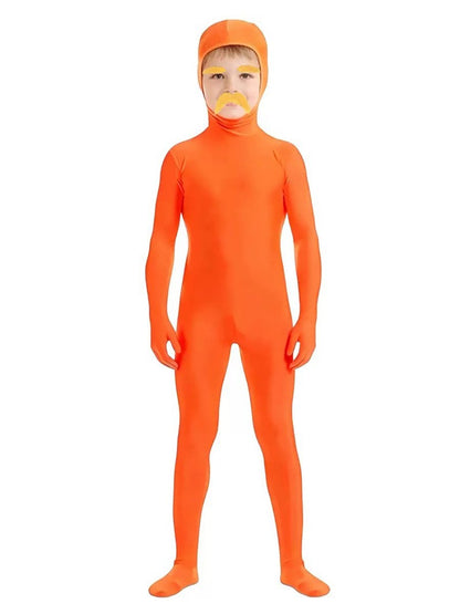 Halloween Orange Zentai Suit Open Face Full Body Bodysuit with Yellow Mustache Eyebrow for Adult Kid Cosplay Party Costume