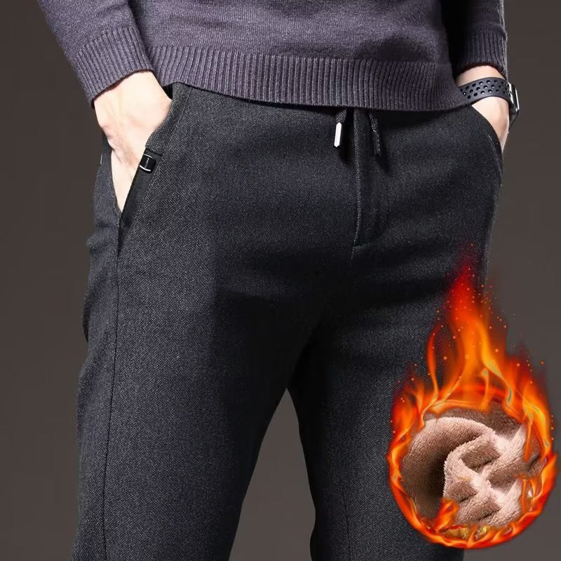 Autumn Winter Men Thermal Office Pants Straight Narrow Leg Classic Casual Pants Drawstring Tie Up Design Thicken Fleece Trousers