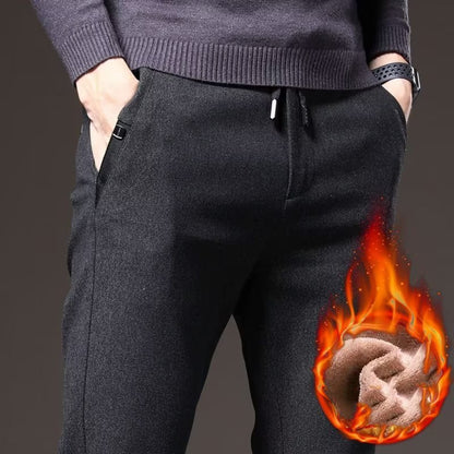 Autumn Winter Men Thermal Office Pants Straight Narrow Leg Classic Casual Pants Drawstring Tie Up Design Thicken Fleece Trousers