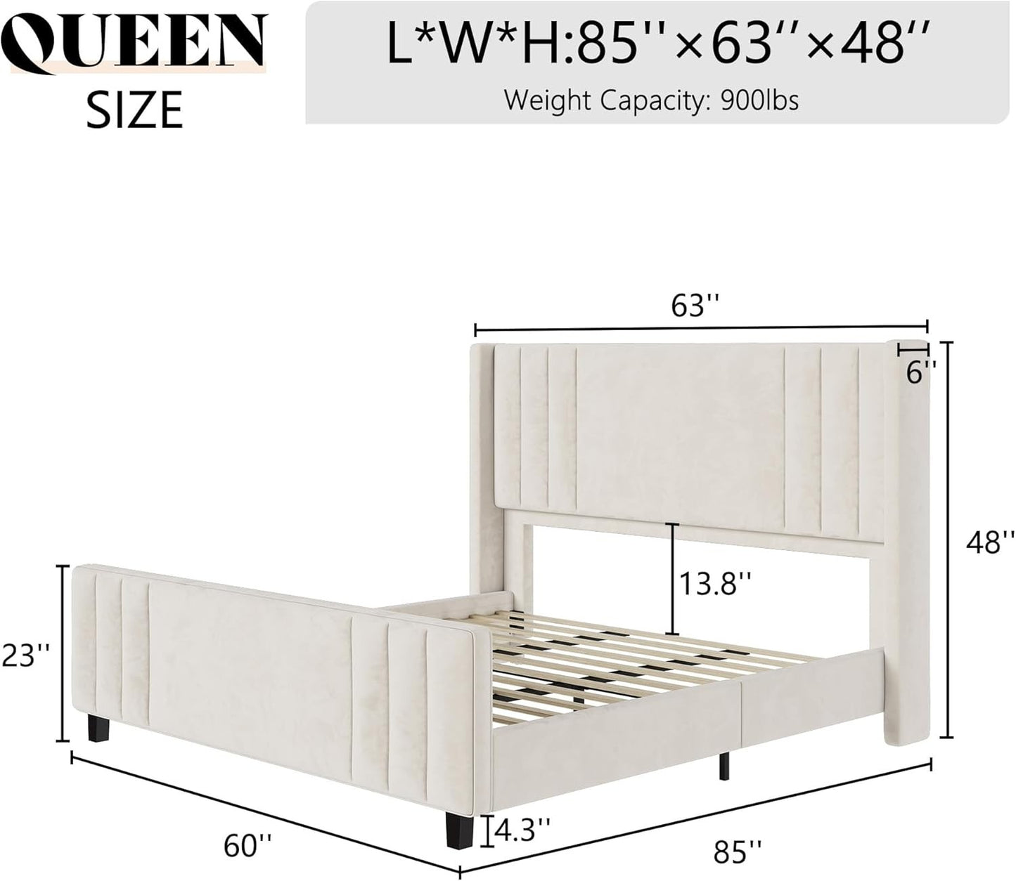 Cama Queen Size, Plataforma Estofada em Veludo com Cabeceira e Peseira Tuftadas em Canais Verticais/Wingback, Colchão N