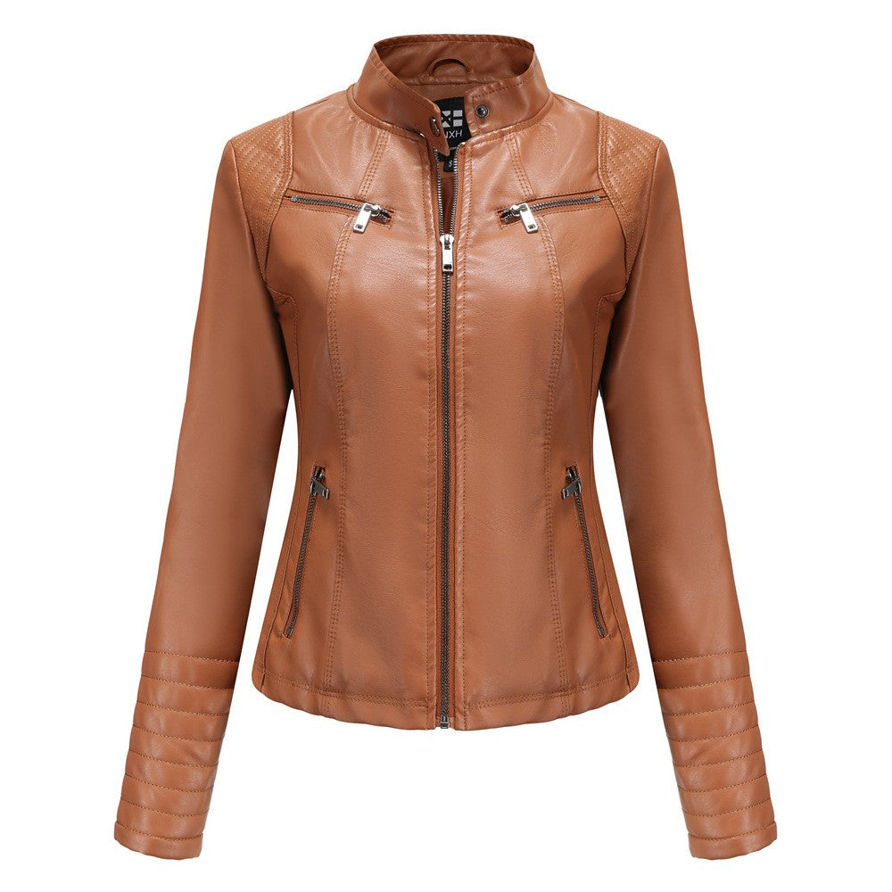 Women's Slim Leather Jacket, Stand-up Collar, Zipper Stitching, Monochromatic Coat, Fashion Clothing, New