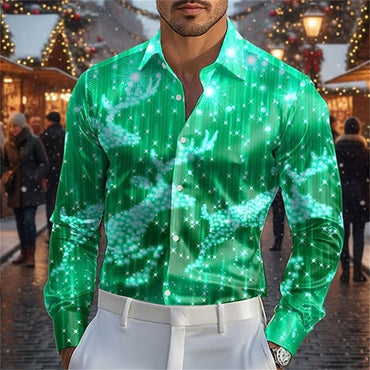 Fashionable 3D printed Christmas deer design style men's long sleeved shirt slim fit lapel button casual party plus men's shirt