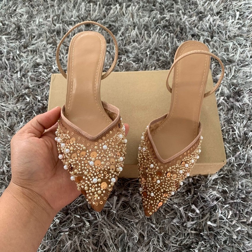 Fashion High Heeled Formal Party Shoes for Lady Luxury Sequin Pearl Stiletto Elengat Mesh Slingbacks Women Modern Sandals