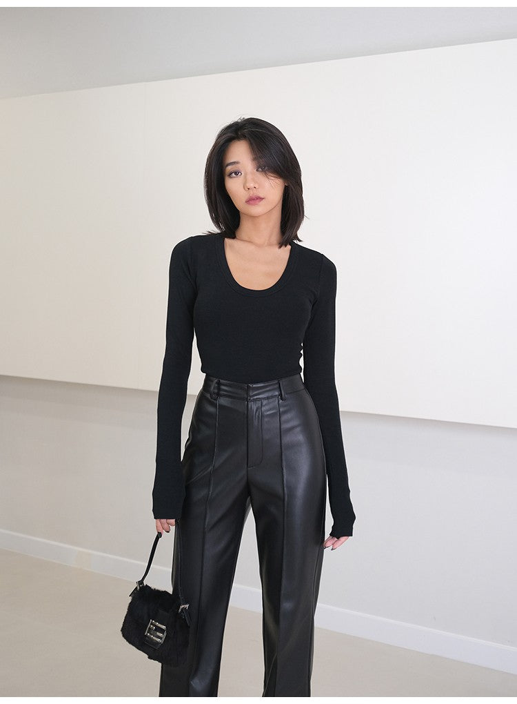 Lautaro Spring Autumn Long Black Soft Pu Leather Pants Women with Zipper High Waist Casual Elegant Straight Leg Trousers 2022