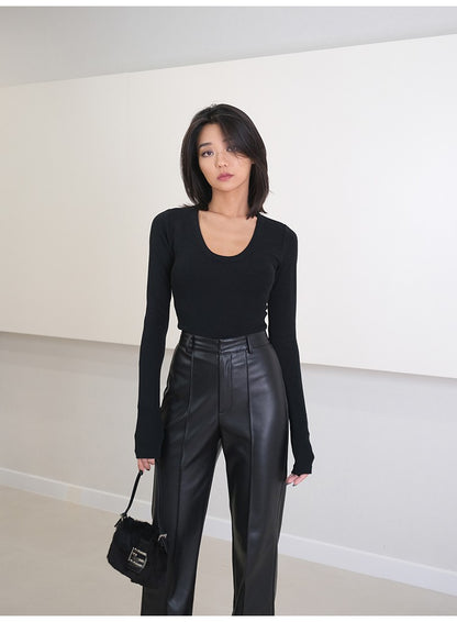 Lautaro Spring Autumn Long Black Soft Pu Leather Pants Women with Zipper High Waist Casual Elegant Straight Leg Trousers 2022
