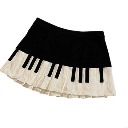 Y3NE Women Schoolgirl High Waist Pleated Flared Vintage Piano Print A Line Mini Skirt