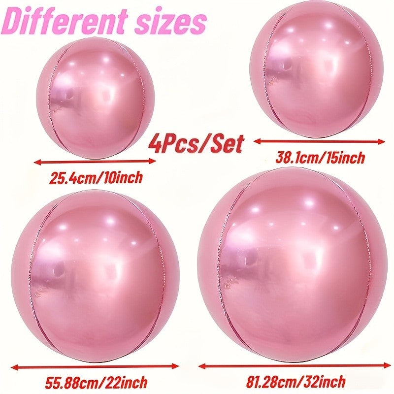 4pcs Pink Mirror Disco Balloons (10-32"). Reusable 4D Foil Sphere w/ Self-Sealing. Giant Decor for Birthday, Wedding, Party.