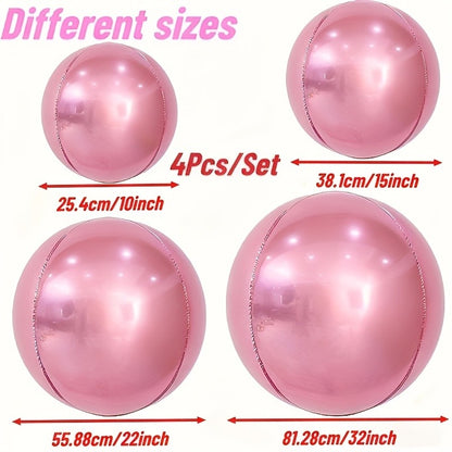 4pcs Pink Mirror Disco Balloons (10-32"). Reusable 4D Foil Sphere w/ Self-Sealing. Giant Decor for Birthday, Wedding, Party.