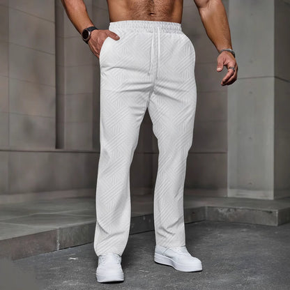 Men's Sport Fitness Breathable Casual Pants, Fashionable Jacquard Stretch Waistband Street Pants, Solid Color Loose Straight Pan