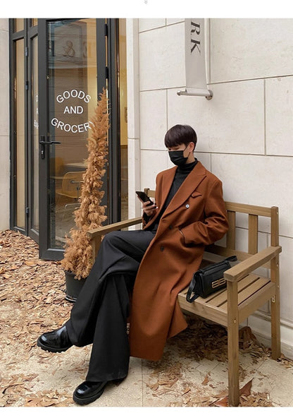 Mauroicardi Autumn Winter Long Warm Coffee Black Soft Woolen Coat Men Double Breasted Loose Casual Wool Blends Overcoat 2023