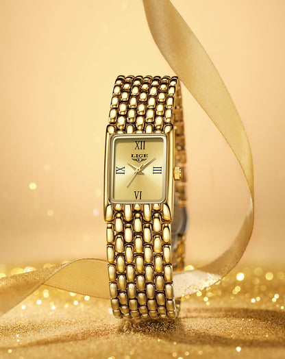 LIGE Silver Watch for Women Square Ladies Quartz Wristwatches Stainless Steel Women Small Gold Watch Luxury Casual Fashion Watch