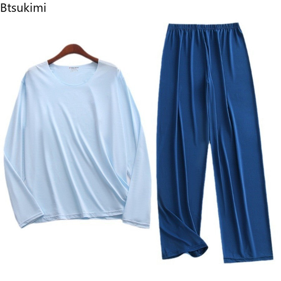 Plus Size 5XL Men Ice Silk Pajama Set Solid Long Sleeve Tops and Pants Sleepwear 2pcs Sets Soft Comfy Lounge Home Nightwear Male
