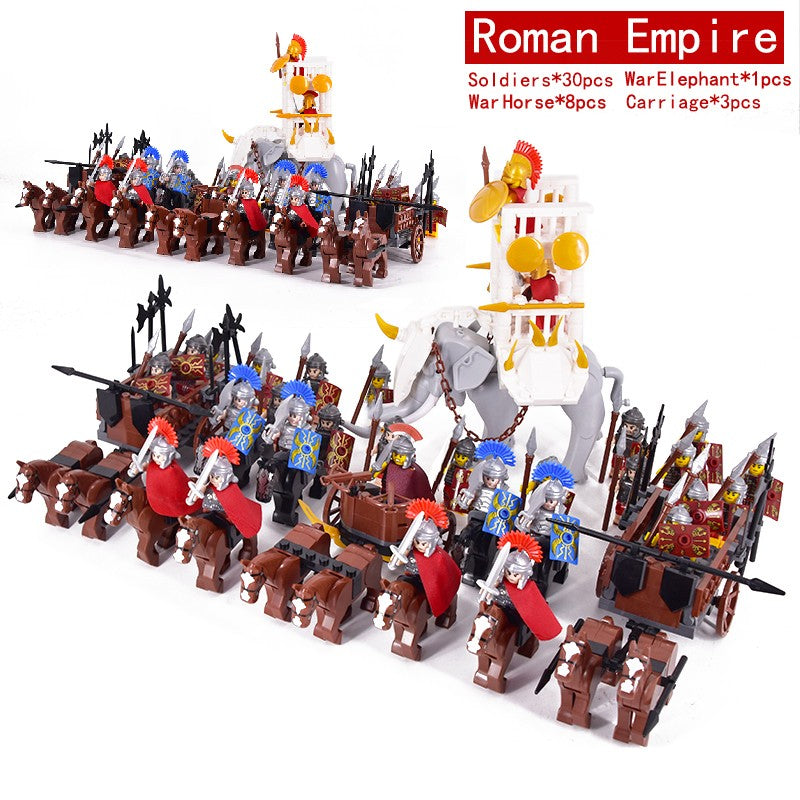 MOC Império Romano Exército Espartano Soldado Medieval Carruagem Blocos de Montar Tijolos Brinquedos de Capacete de Guerra Militar Antiga Para Crianças