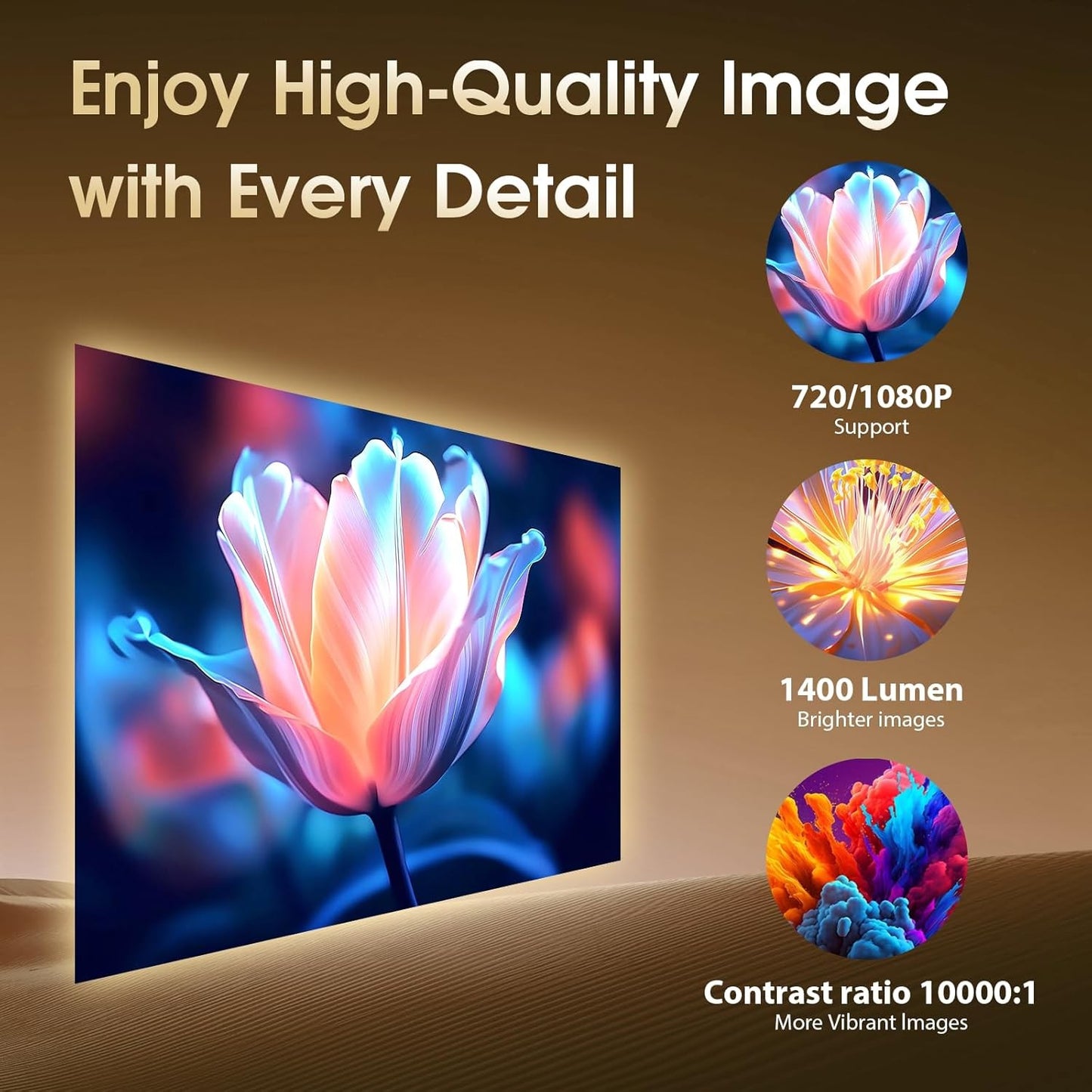 KaiAqua Mini Projetor HY320 NTV Android 13 com Amlogic S950D4 1080P 500 ANSI Lumens, WiFi Duplo, BT5.2 e Comando por Voz para Home Theater