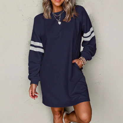 Autumn Winter New Striped Drop Shoulder Sweatshirt Mini Dresses Women Casual Loose O Neck Long-sleeved Pocket Dress Female 2025