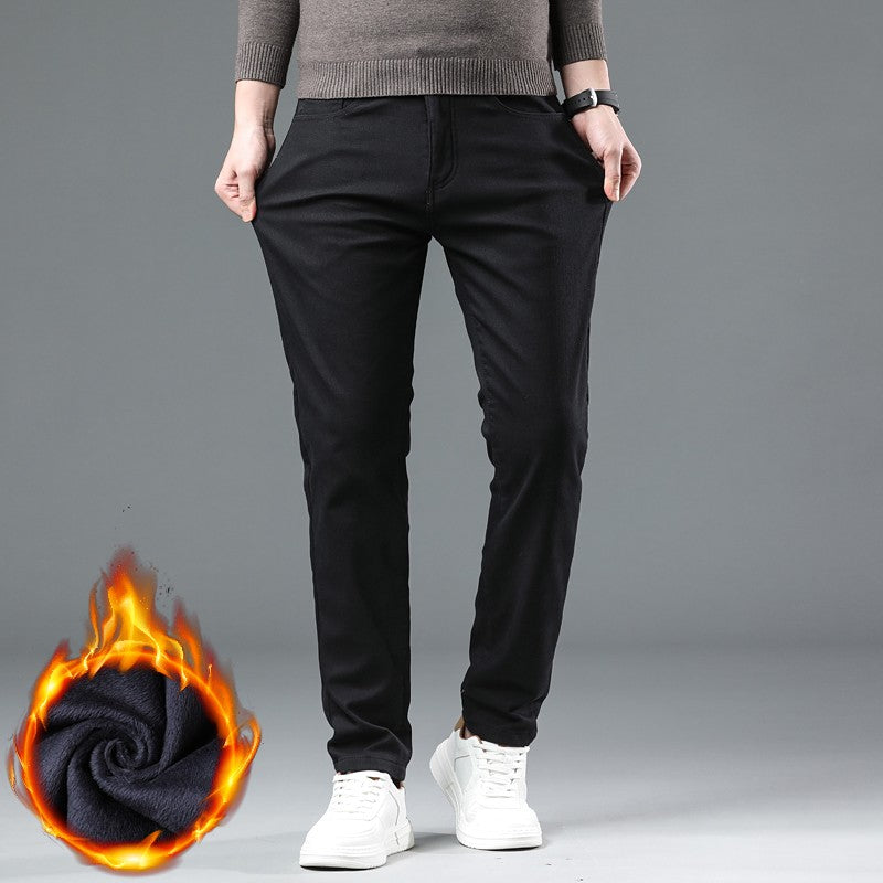 Fleece Pants Men's Winter Thick Slim Elastic Business Casual Velvet Pants Warm Fashion Solid Color Plush Trousers Male
