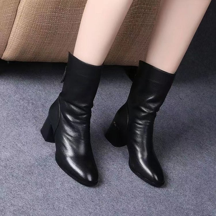 2024 New Women Versatile Leather Boots Fashion antislip high heels female Casual comfortable boot External Wear Trendy shoes