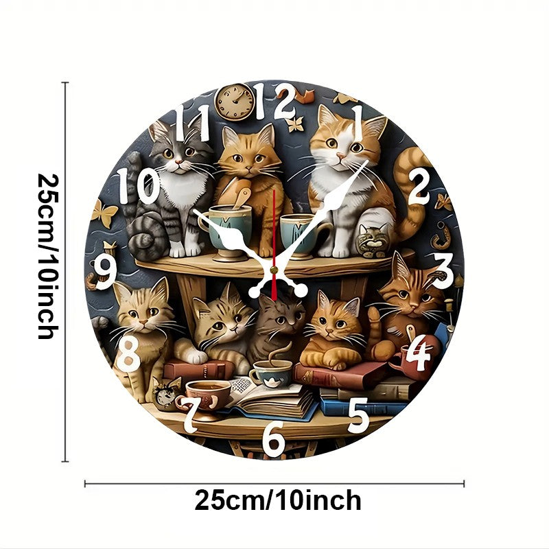 Cat Design Wooden Round Silent Hanging Wall Clock, Suitable For Living Room, Office, Study Room, Bedroom, Home Decoration