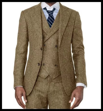 3 Pieces Green Wool Tweed Herringbone Business Retro Classic PatternTuxedos For Wedding Blazer Pants Vest