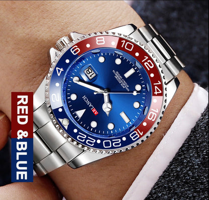 Business Stainless Steel Watch 40mm Classic Red Blue Circle Diving Series Magnifying Glass Calendar Quartz Watches montre homme