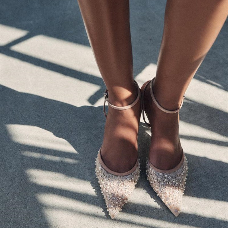 Luxury Bling String Bead Mesh Designer Pumps Women Sexy Pointed Toe Ankle Strap High Heels Elegant Party Wedding Heeled Sandals