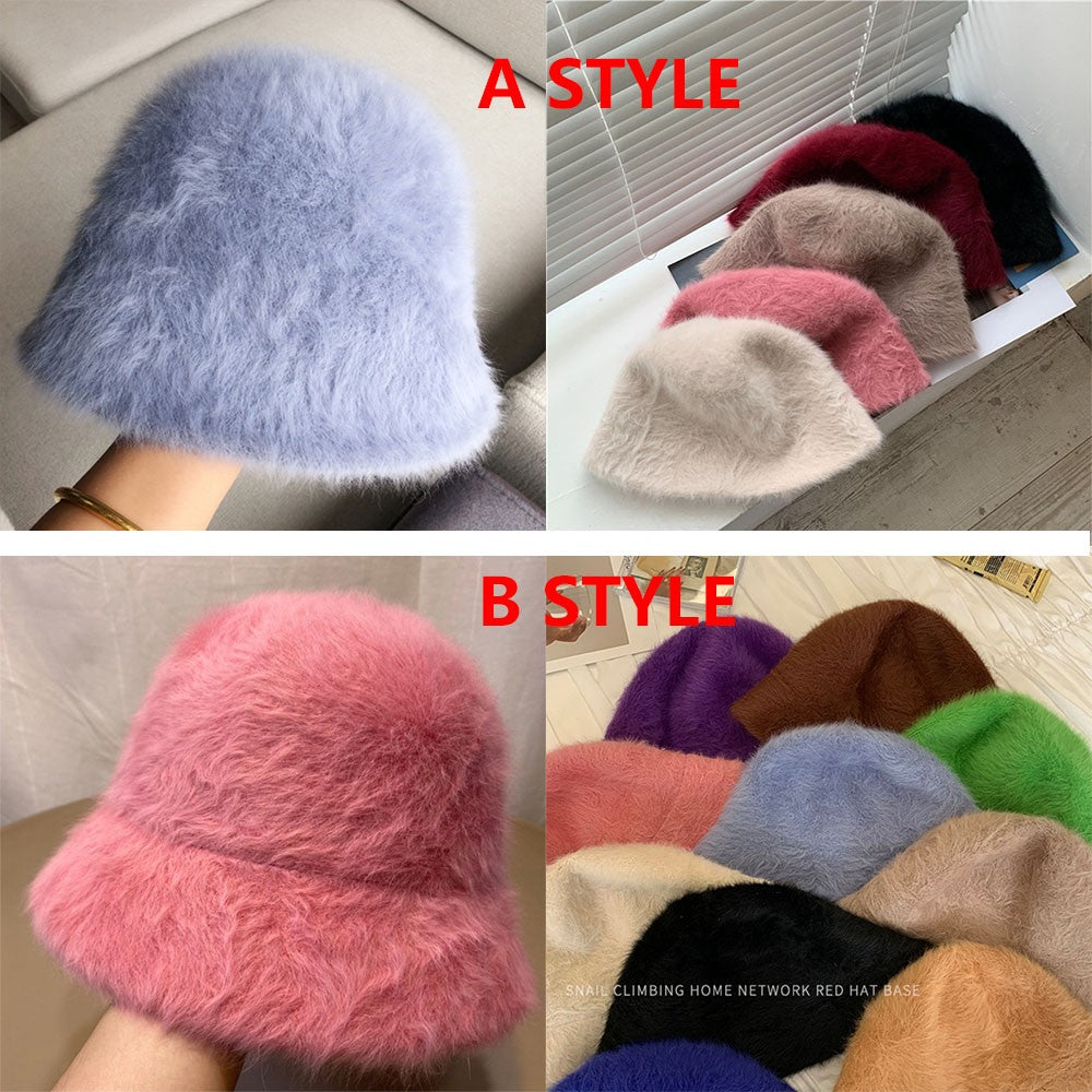 2023 new Hat winter women's fashion Solid color rabbit fur hat bucket cap  fisherman's hat  knitted wool basin Bucket Hat