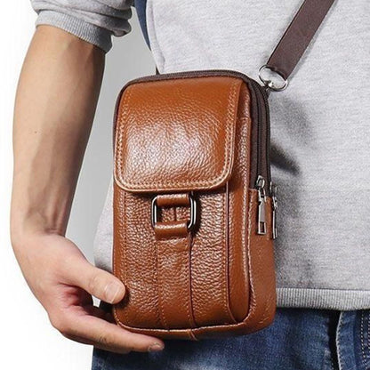 Portable Men Messenger Bags Cowhide Leather Cell Phone Belt Pack Fashion Simple Multi-pockets Casual for Outdoor Sport