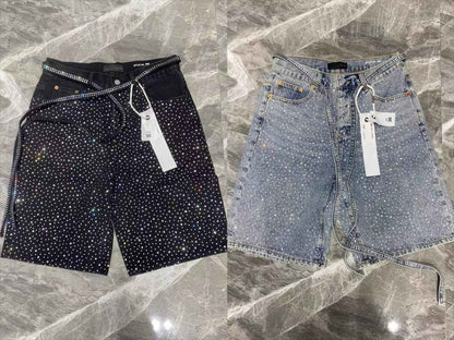 Streetwear Mens Womens Vintage Rhinestone Sequin Denim Shorts Y2K Jeans Hip Hop Washed Baggy Jeans Low Rise Over The Knee Pants