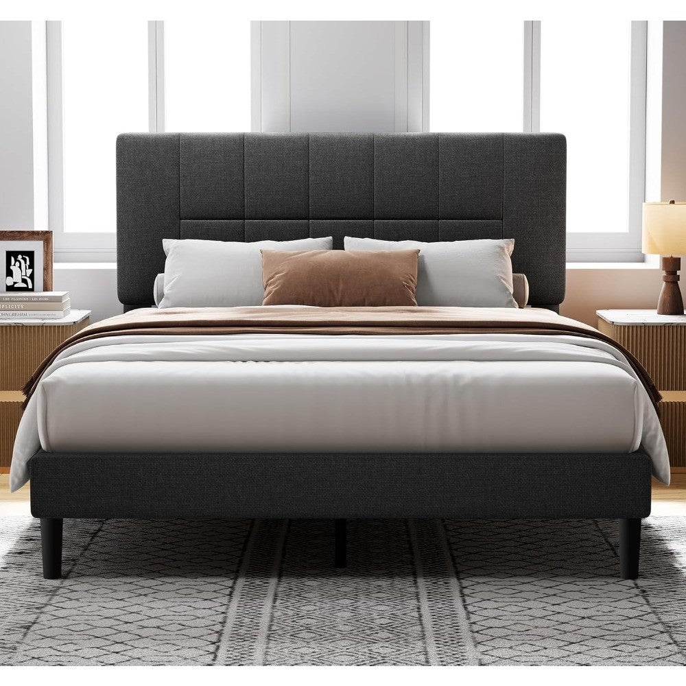 Queen Bed Frame with 12 Thickened Legs&Fabric Upholstered Headboard,1300 lbs Strong Weight Capacity, Adjustable Headboard