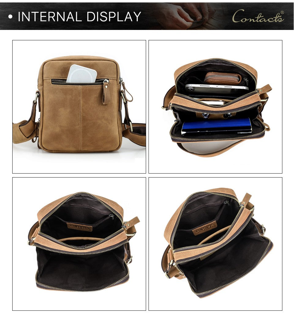 CONTACT'S Genuine Leather Men's Messenger Bag Vintage Sling Shoulder Bags for 7.9" iPad Mini High Quality Male Crossbody Bag Men