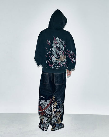 Streetwear Vintage Dragon Fight Embroidered Jeans Y2K Men Women Vintage Inspired Washed Baggy Jeans Mid Rise Wide Leg Trousers
