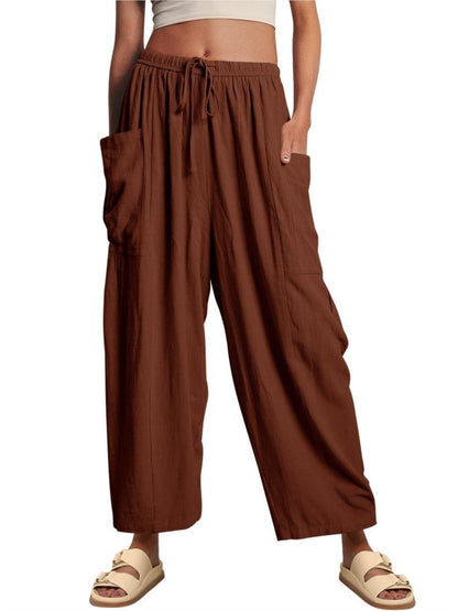 Women's Stretched-waist Pleated High-waisted Wide-leg Trousers Spring Autumn Fashion Cotton Linen Pocket Casual Trousers Woman