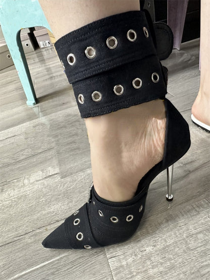 Denim Metal Rivet Buckle Silver Sandals Women's Sexy Punk Style Pointed Metal Hollow 12cm High Heels Size 34-43 Womens Shoes
