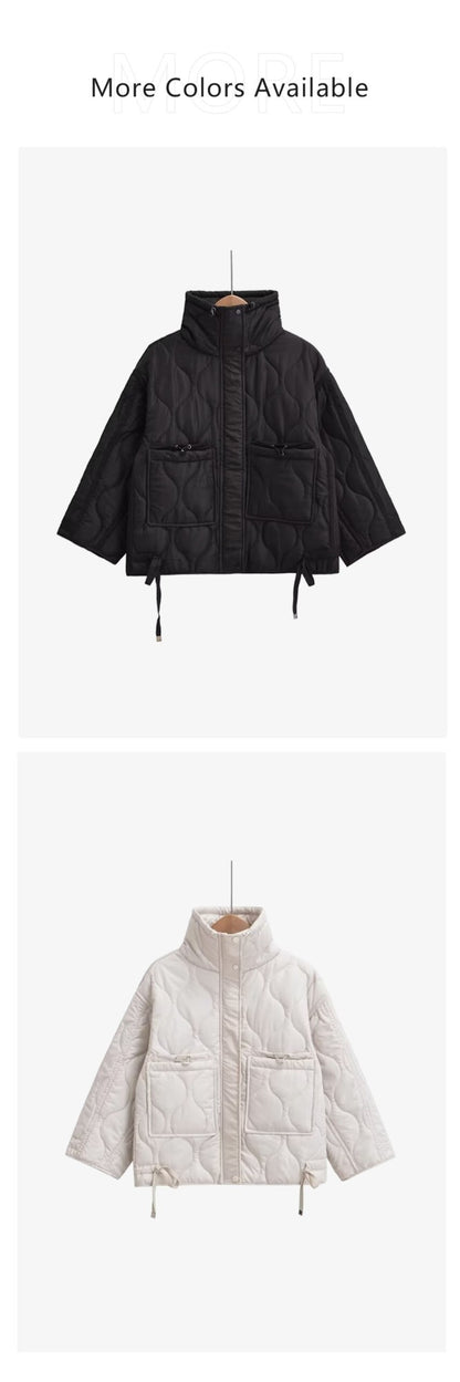 2024 autumn new women's fashion pocket decoration loose long sleeved stand collar diamond grid cotton jacket short jacket