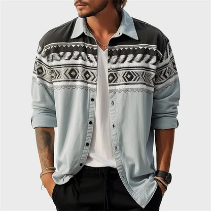 Men's Western Style Shirt Vintage Pattern Lapel Long Sleeve Button Print Top Fashion Clothing Designer Western Style