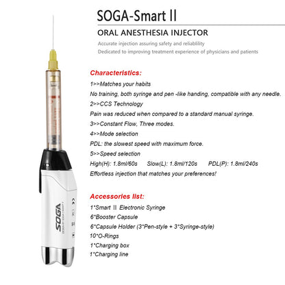 Seringa Aspiradora de Anestesia Tópica Oral Elétrica Indolor Injetor de Anestesia SOGA Mini I Smart 2 Acessórios Odontológicos