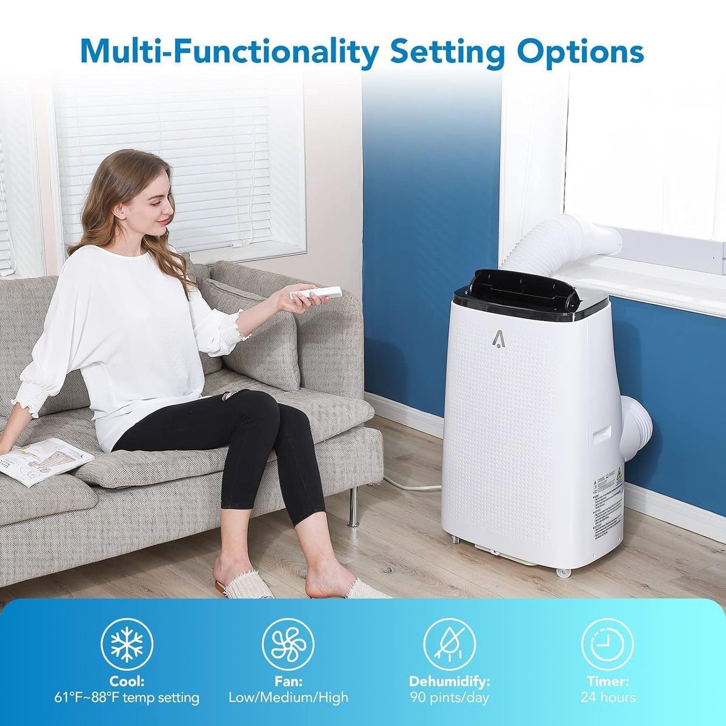 Ar Condicionado Portátil 14000 BTUs Refrigera até 70 m² Unidade AC 3 em 1 Desumidificador Ventilador Controle Remoto Timer 24h para Casa