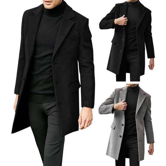 British Style Men Woolen Coat Flap Pockets Single breasted Elegant Men Trench Coat Mid length Long Winter Warm Overcoat