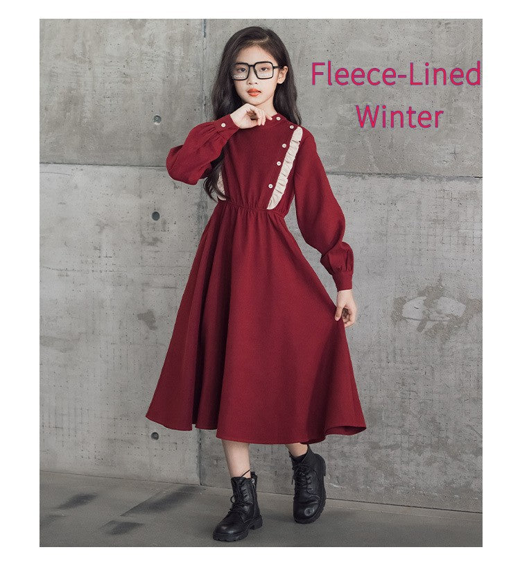 Girls' Dress New Style For  Children Stand Collar Waist-Cinching Slimming Mid-Length Dress Long Sleeve For Kids 5-12Y