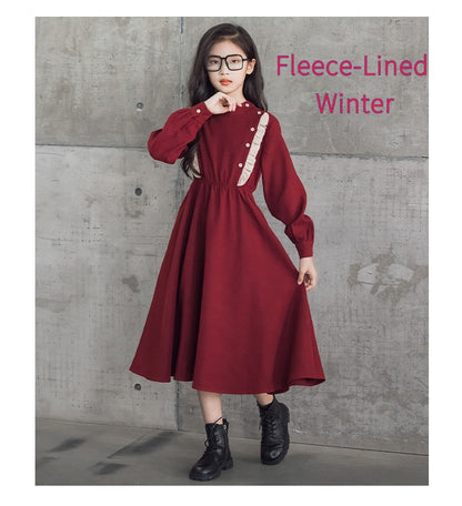 Girls' Dress New Style For  Children Stand Collar Waist-Cinching Slimming Mid-Length Dress Long Sleeve For Kids 5-12Y