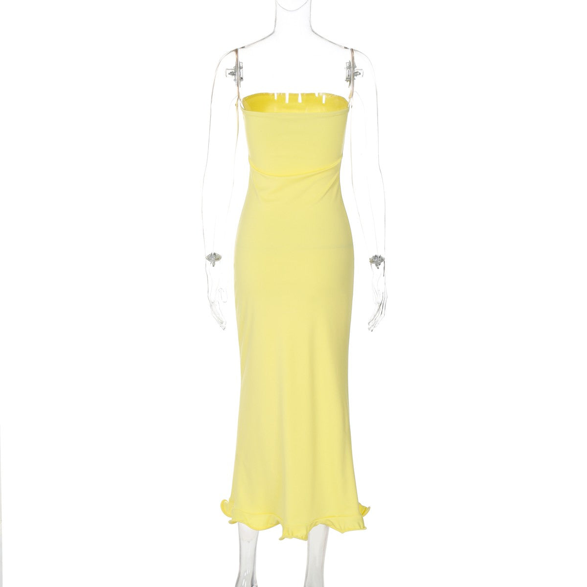 Dulzura Sleeveless Ruffles Patchwork Strapless Bodycon Midi Dress Women'S Solid