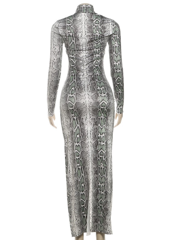 Weird Puss Sexy Snakeskin Maxi Dress Women Chest Hollow Metal Ring Turtleneck Peach Hip Hipster Street Stretch Skinny Bodycon