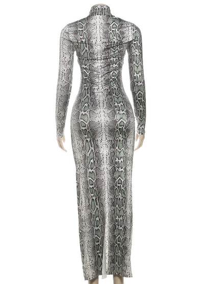 Weird Puss Sexy Snakeskin Maxi Dress Women Chest Hollow Metal Ring Turtleneck Peach Hip Hipster Street Stretch Skinny Bodycon