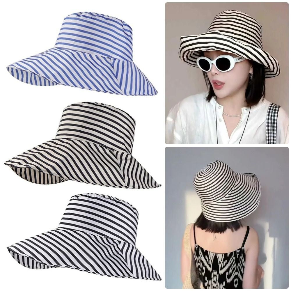 1Pcs Durable Sunproof Striped Bucket Hat Foldable Retro Summer Hat Big Head Circumference Fashion Sunscreen Basin Hat Women