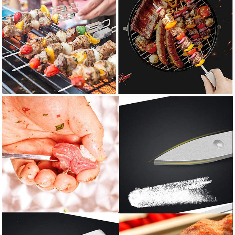 Stainless Steel BBQ Skewers – Flat Metal Kebob Sticks for Grilling Meat Vegetables, with Quick Release Metal Sliding Handle