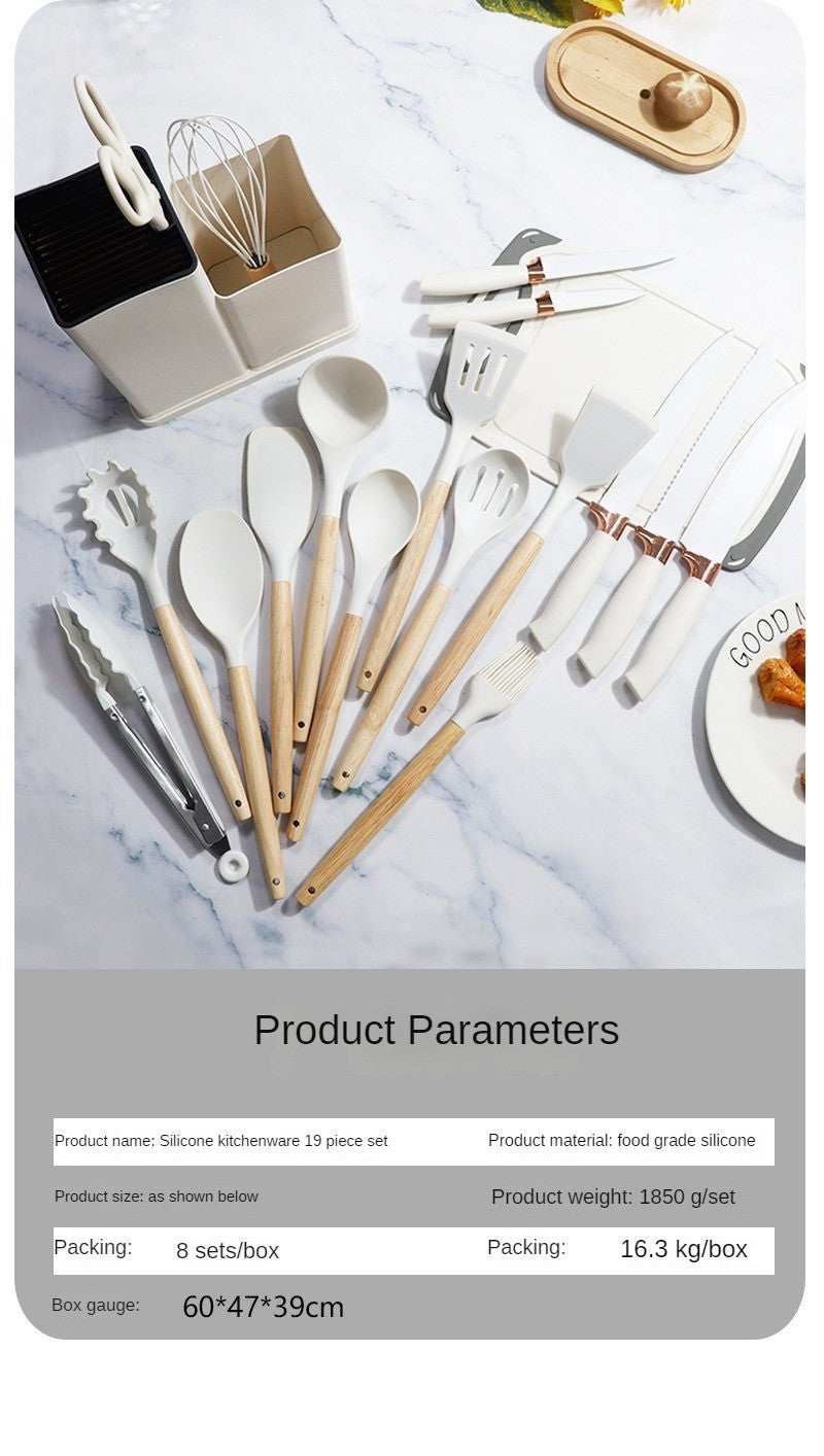 Conjunto de utensílios de cozinha de silicone, 19 peças com cabo de madeira, espátula, panela antiaderente e balde de armazenamento de facas multiuso integrado