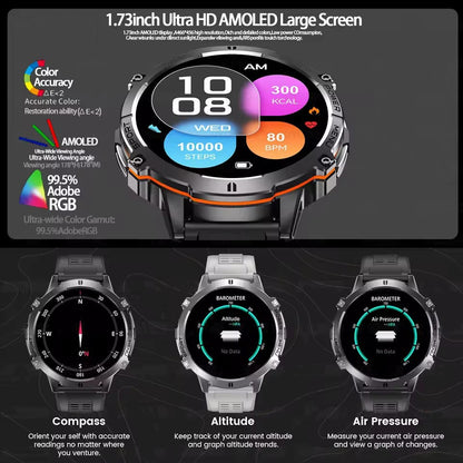 Novo relógio inteligente masculino com bateria de 1000mAh para uso externo, GPS, bússola, altímetro, à prova d'água 10ATM, frequência cardíaca, chamada BT, relógio inteligente esportivo para homem