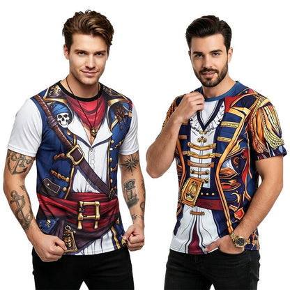 Men Medieval 3D Printed Pirate Costume T Shirt Short Sleeve Crew Neck Halloween Cosplay Vintage Captain Tops Male Holiday Appare