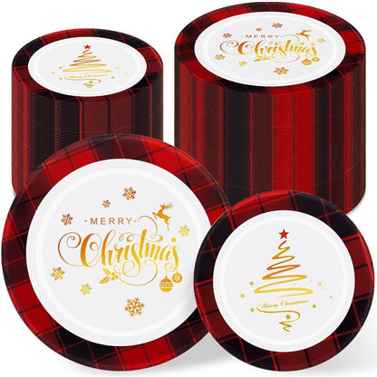 Conjunto de 100 Pratos de Plástico de Natal para Convidados 50 x 7.5 Sobremesa Descartável 50 x 10.25 Pratos de Natal Árvore de Natal Servir Jantar