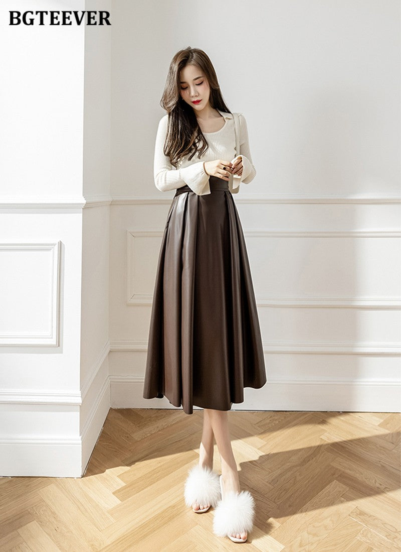 BGTEEVER Spring Autumn Loose PU Leather A-line Skirts Women Elegant High Waist Pleated Faux Leather Skirts Female